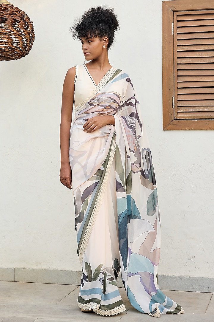 Ivory Viscose Georgette Printed Saree Set by Varun Bahl Pret at Pernia's Pop Up Shop