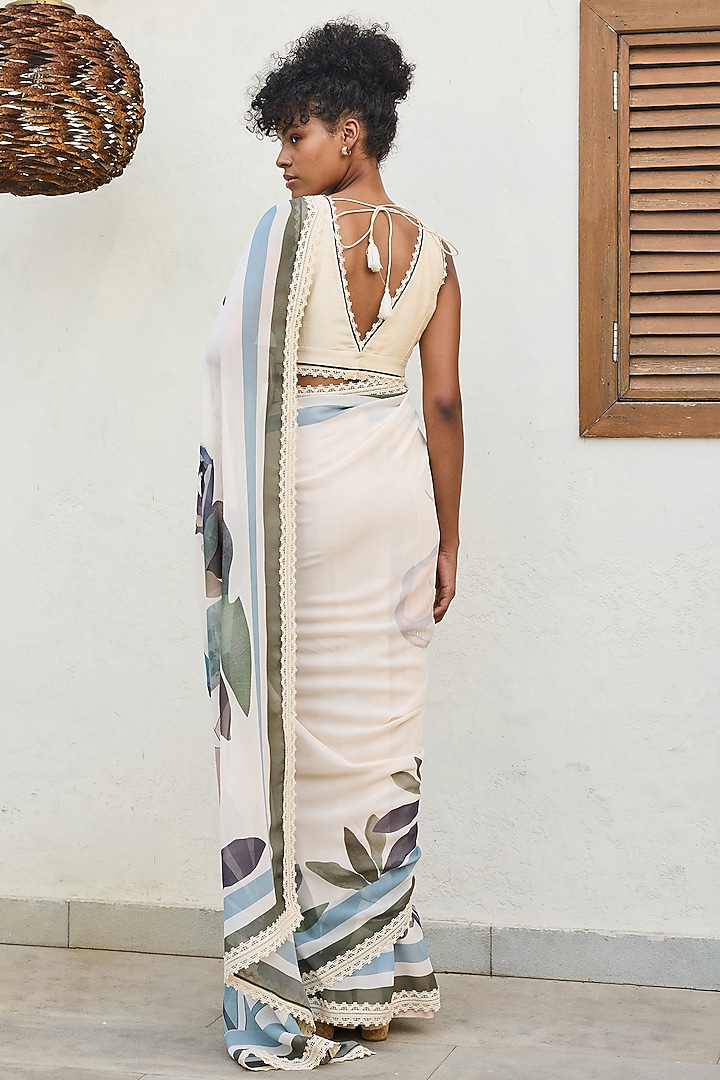 Ivory Viscose Georgette Printed Party Wear Saree Set by Varun Bahl Pret at Pernia's Pop Up Shop