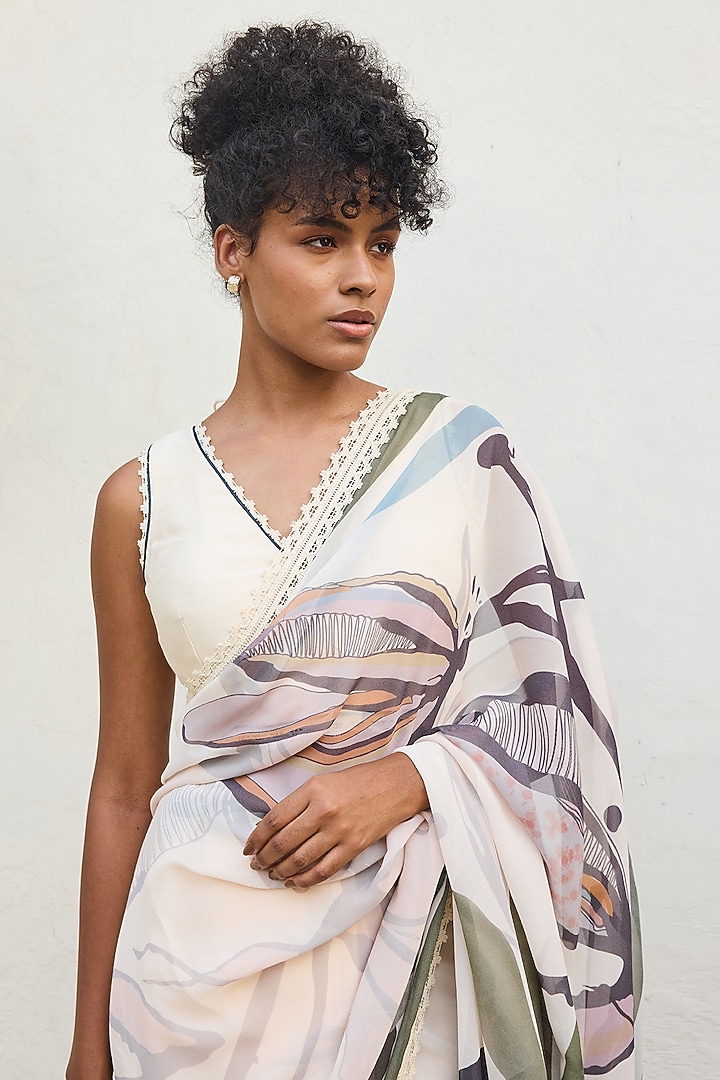 Ivory Viscose Georgette Printed Party Wear Saree Set by Varun Bahl Pret at Pernia's Pop Up Shop