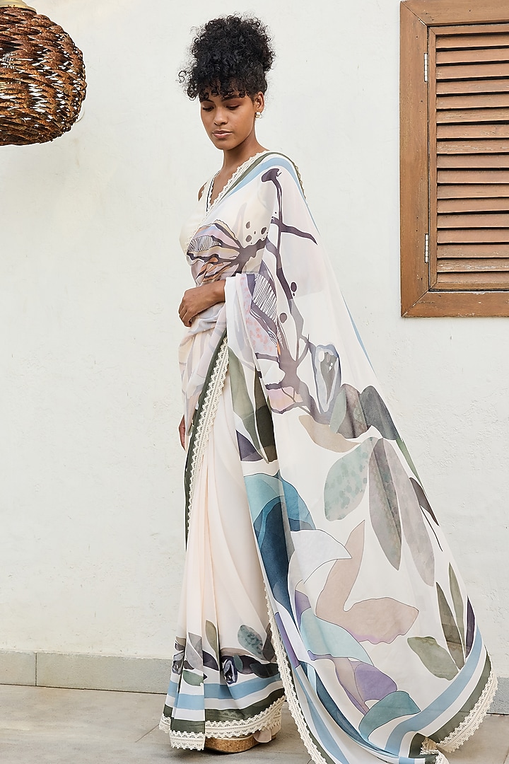 Ivory Viscose Georgette Printed Party Wear Saree Set by Varun Bahl Pret at Pernia's Pop Up Shop