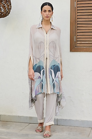 Grey Viscose Georgette Printed Tunic Set by Varun Bahl Pret