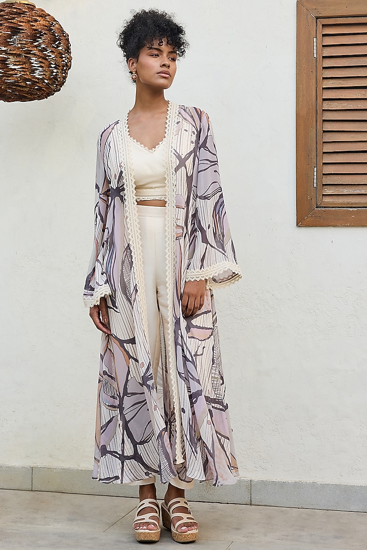 Ivory Viscose Georgette Printed Cape Set by Varun Bahl Pret