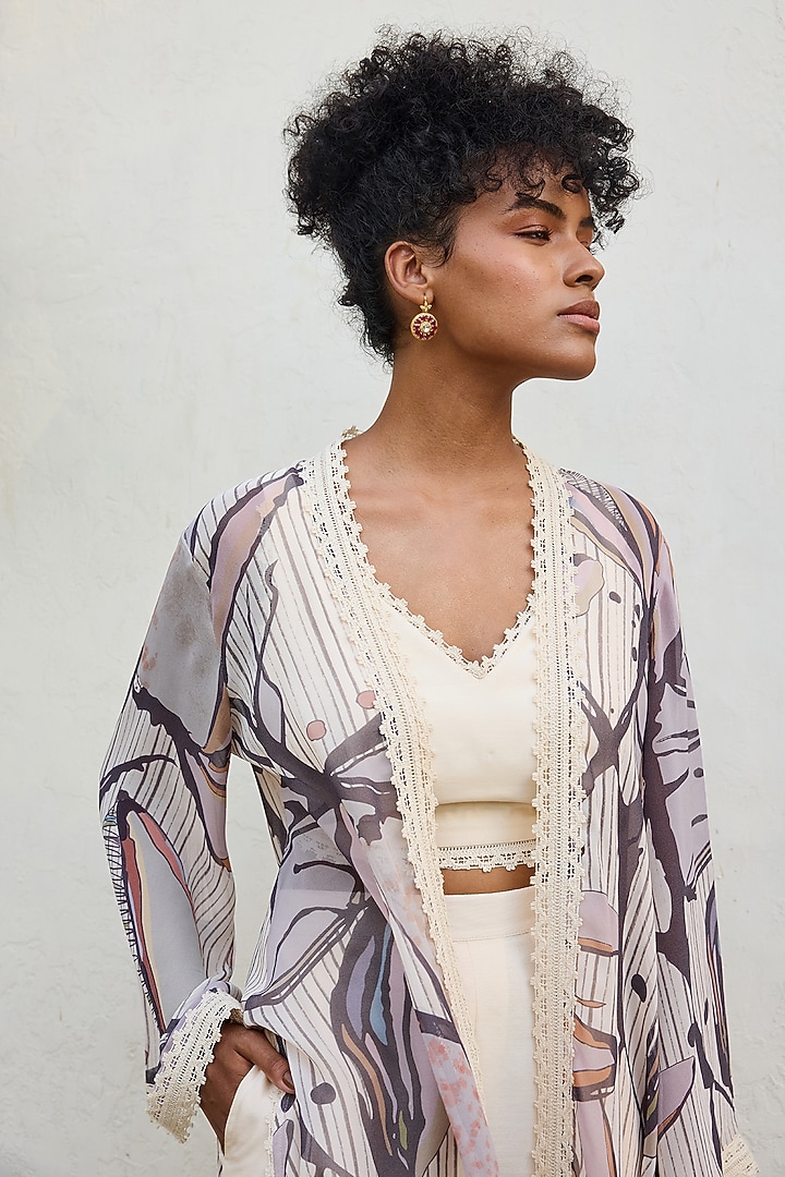 Ivory Viscose Georgette Printed Cape Set by Varun Bahl Pret at Pernia's Pop Up Shop