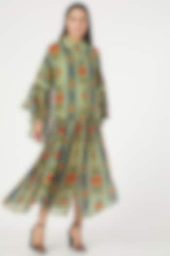 Kilim Green Digital Printed Tiered Dress by Varun Bahl Pret