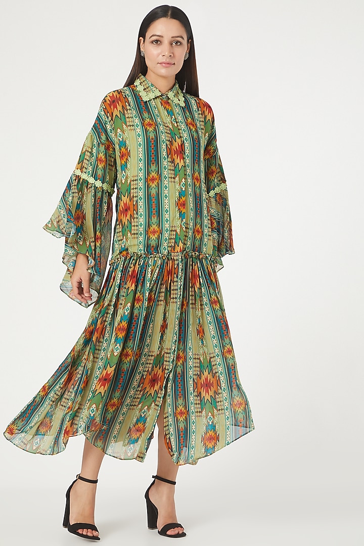 Kilim Green Digital Printed Tiered Dress by Varun Bahl Pret