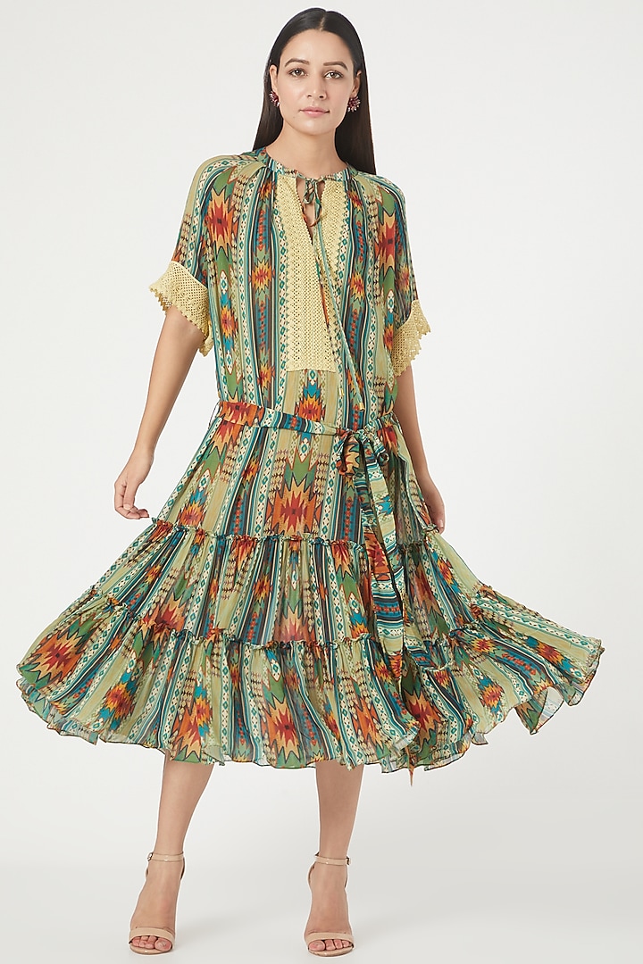 Kilim Green Digital Printed Frill Summer Dress by Varun Bahl Pret at Pernia's Pop Up Shop