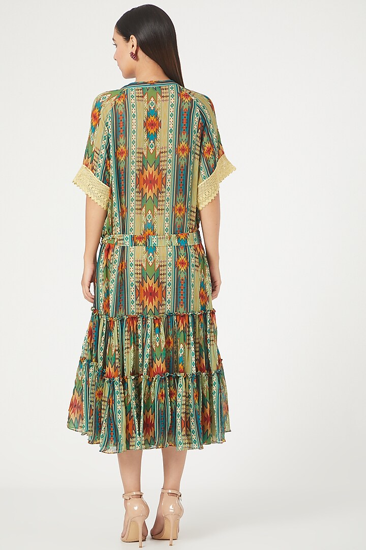 Kilim Green Digital Printed Frill Summer Dress by Varun Bahl Pret at Pernia's Pop Up Shop
