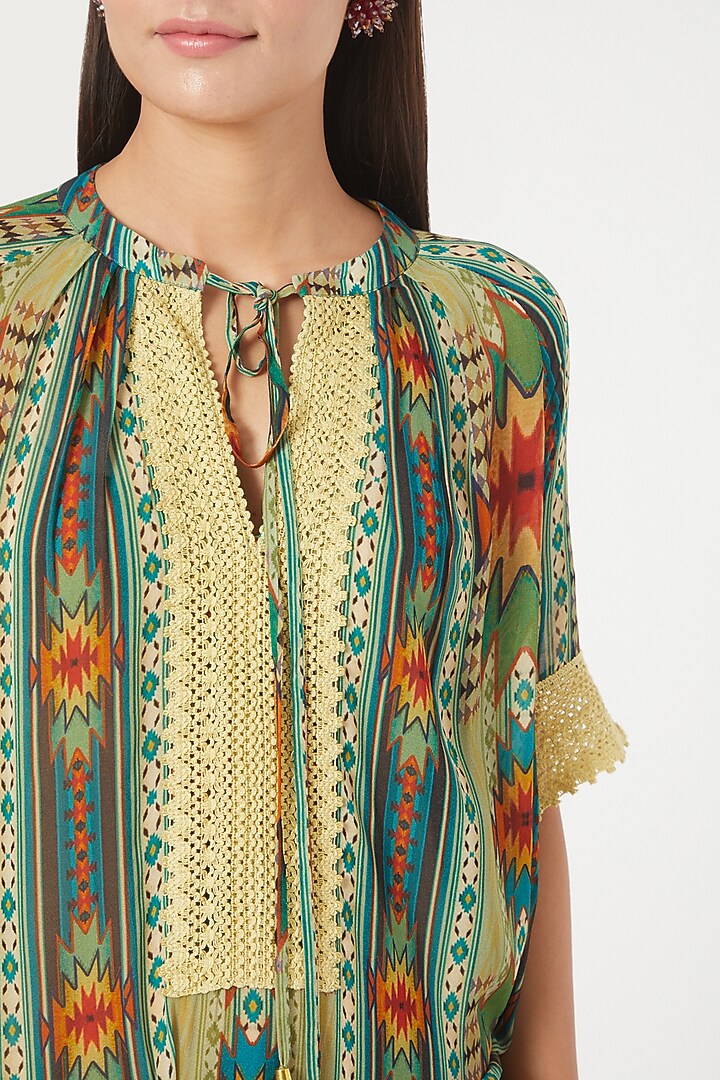 Kilim Green Digital Printed Frill Summer Dress by Varun Bahl Pret at Pernia's Pop Up Shop