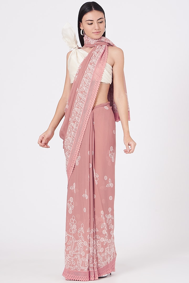 Wood Pink Digital Printed Saree Set by Varun Bahl Pret