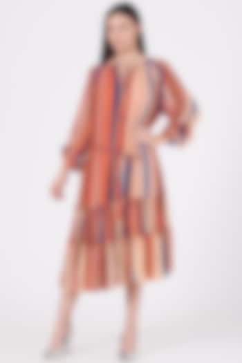 Burnt Orange Digital Printed Tiered Dress by Varun Bahl Pret