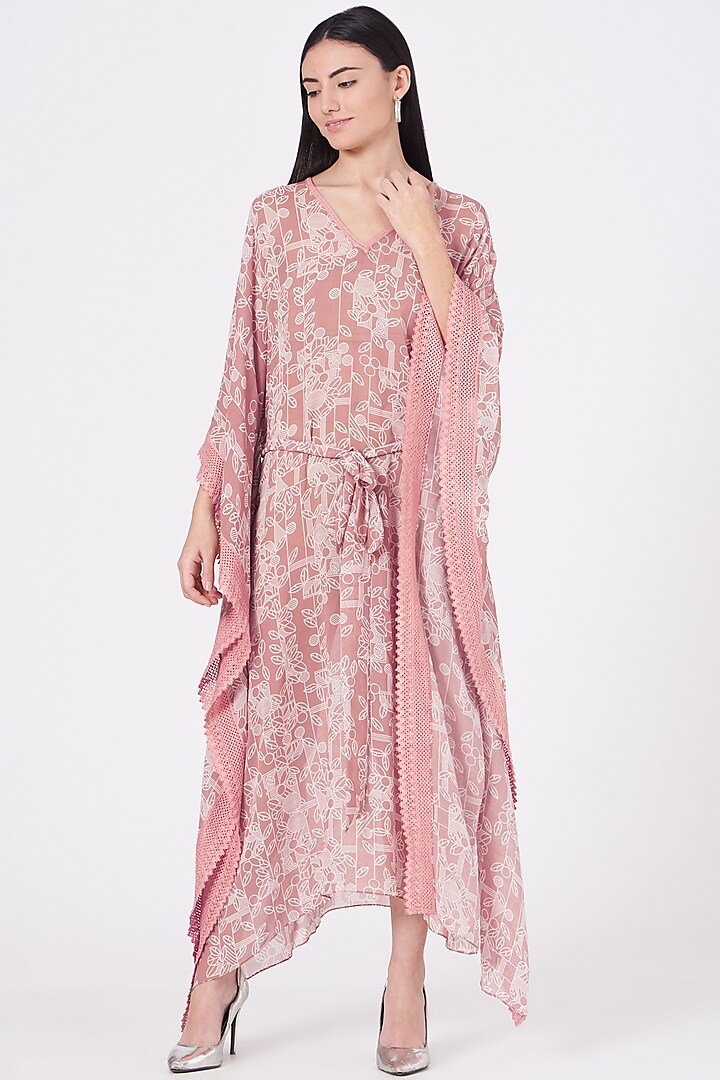 Wood Pink Georgette Long Kaftan by Varun Bahl Pret