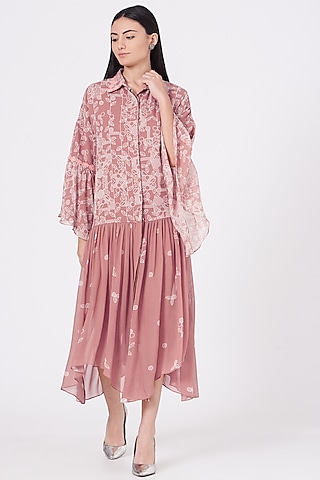 Wood Pink Printed Tiered Dress by Varun Bahl Pret