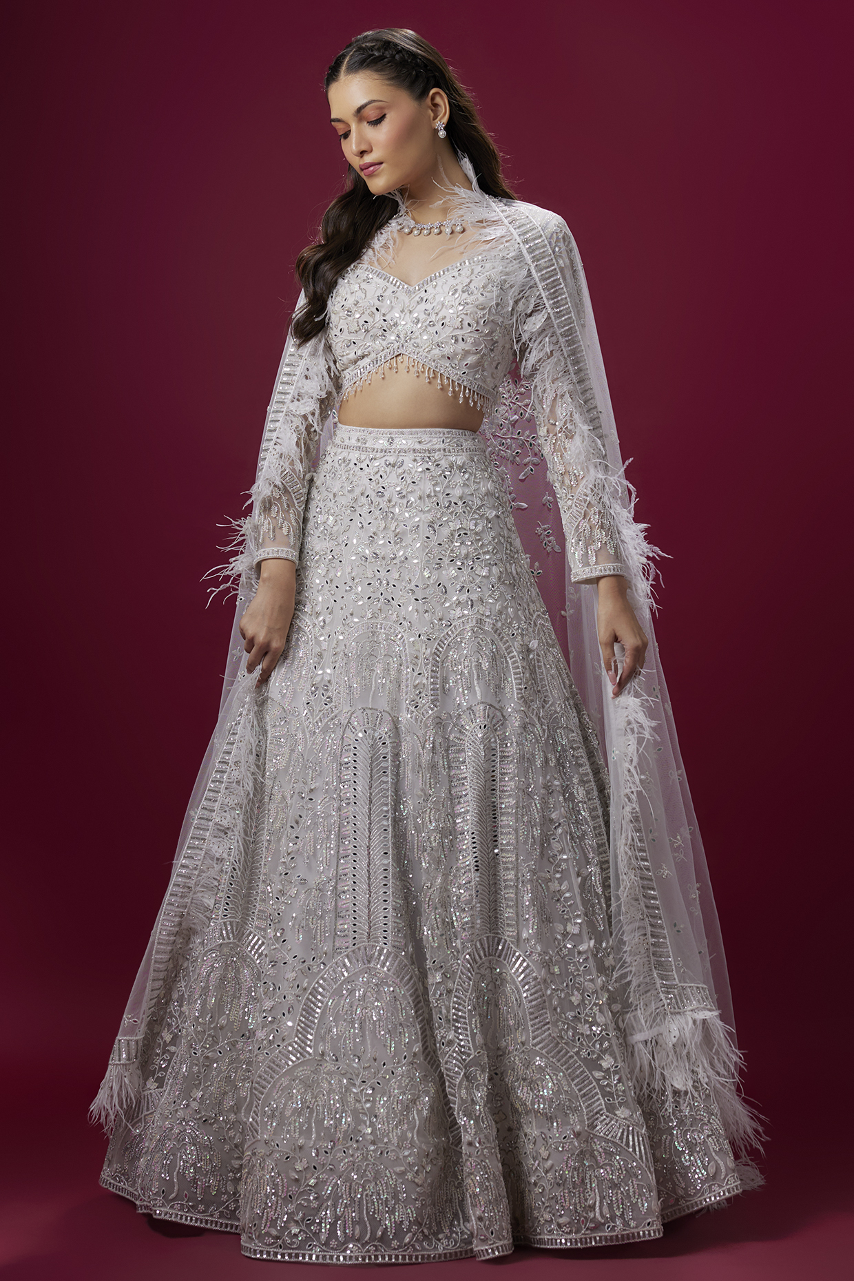White & Silver Net Sequins Embroidered Bridal Lehenga Set by V. Bridals at Pernia's Pop Up Shop