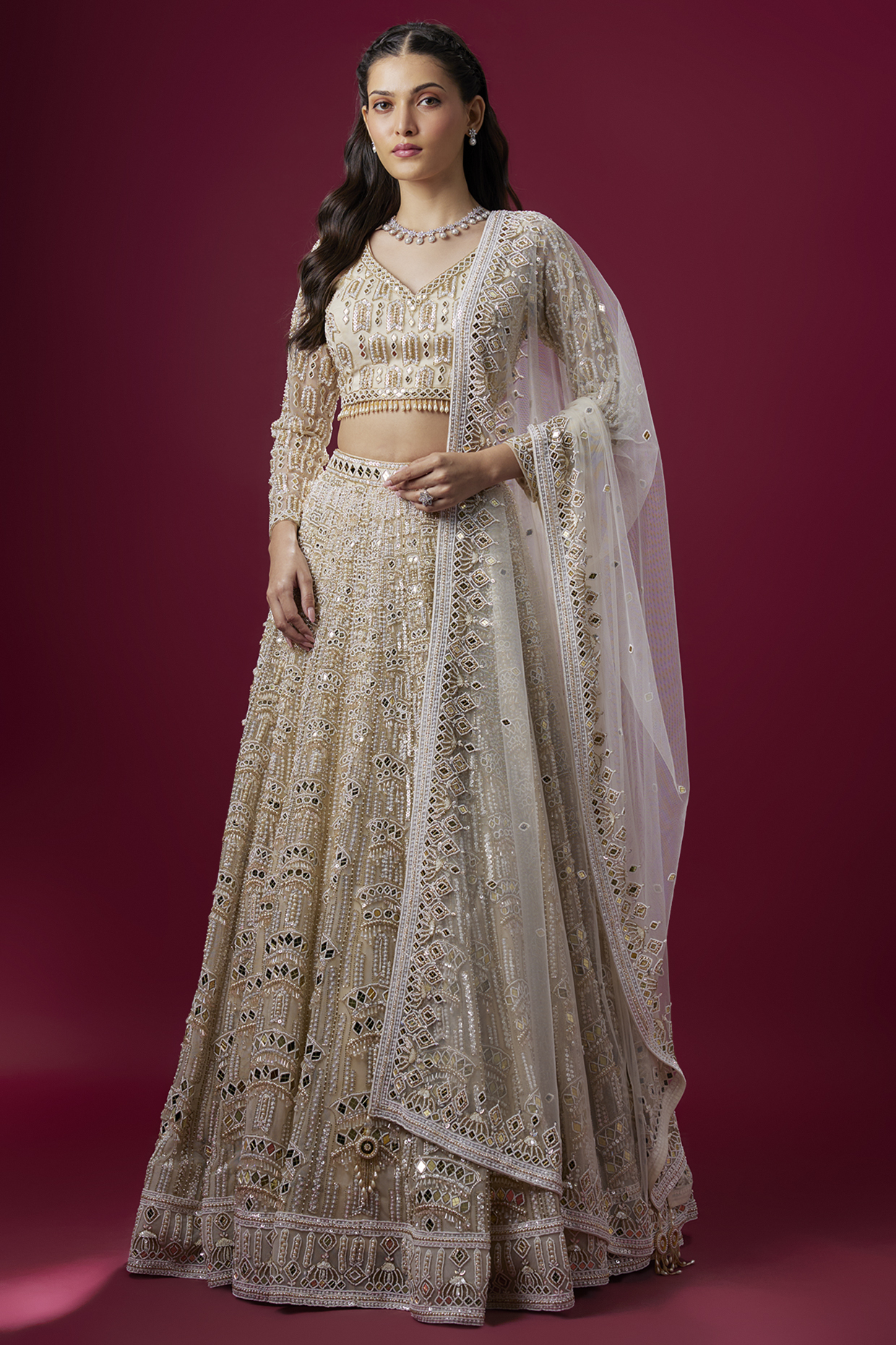 Ivory Satin & Net Sequins Embroidered Bridal Lehenga Set by V. Bridals at Pernia's Pop Up Shop