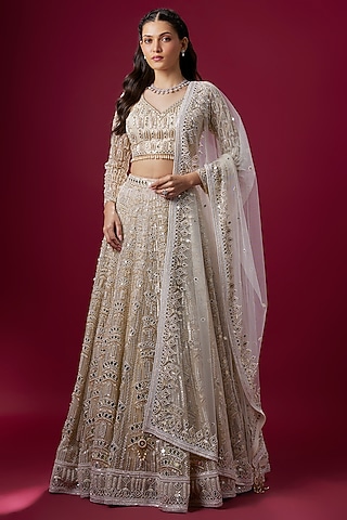 Ivory Satin & Net Sequins Embroidered Lehenga Set by V. Bridals