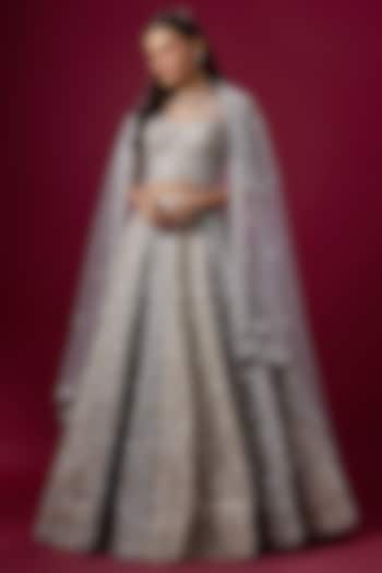 Grey & Off-White Satin Dori Embroidered Bridal lehenga for 22 Lehenga Set by V. Bridals at Pernia's Pop Up Shop