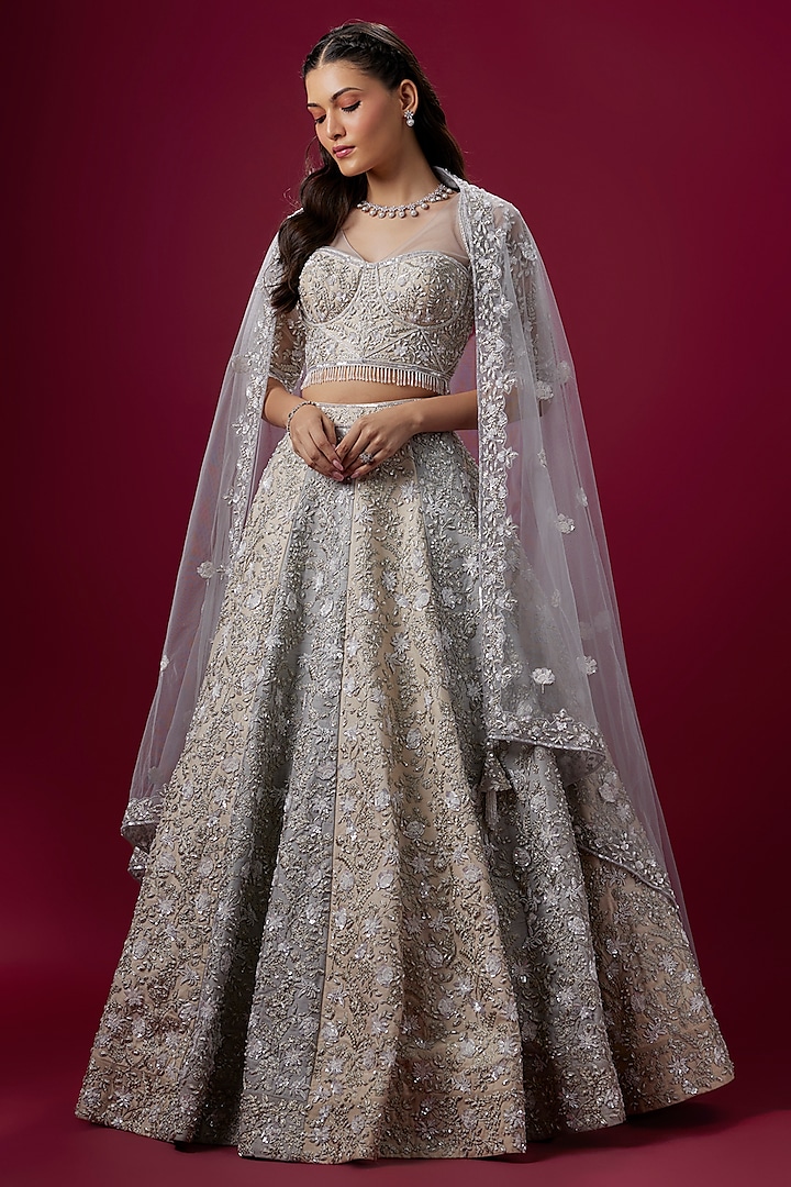 Grey & Off-White Satin Dori Embroidered Bridal lehenga for 22 Lehenga Set by V. Bridals at Pernia's Pop Up Shop