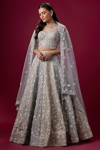 Grey & Off-White Satin Dori Embroidered Lehenga Set by V. Bridals