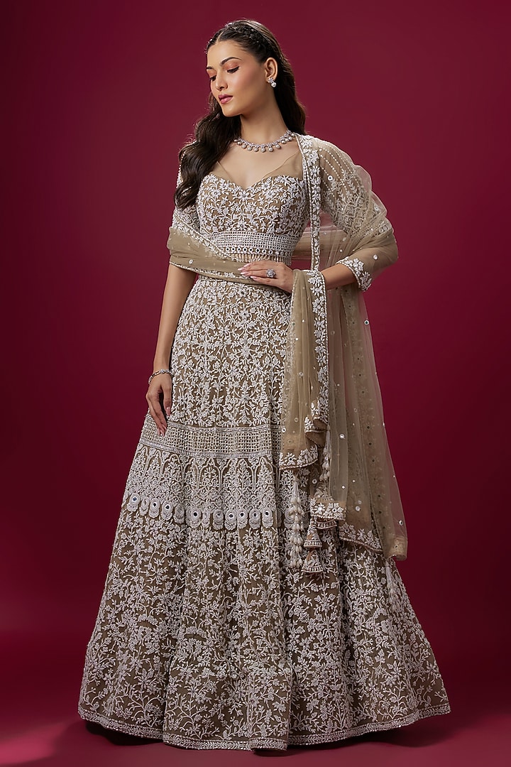 Nude & White Satin Salli Handwork Bridal lehenga for 22 Lehenga Set by V. Bridals at Pernia's Pop Up Shop
