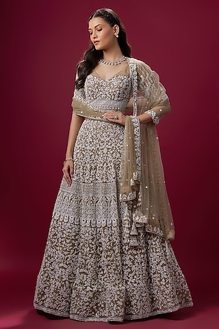 Nude & White Satin Salli Handwork Lehenga Set by V. Bridals