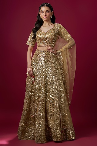 Gold Net Zari Embroidered Lehenga Set by V. Bridals