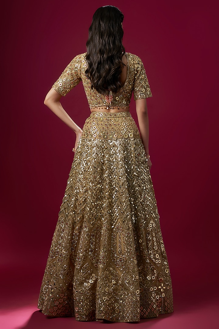 Gold Net Zari Embroidered Bridal Lehenga Set by V. Bridals at Pernia's Pop Up Shop