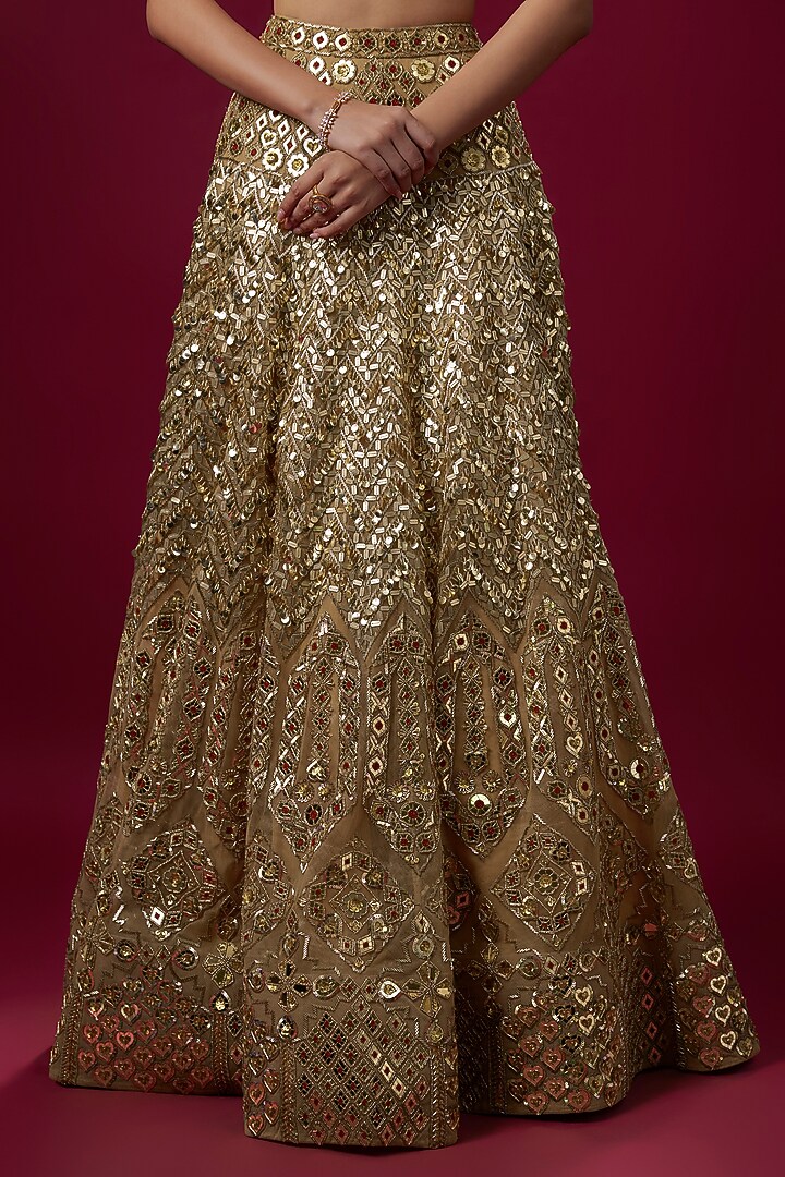 Gold Net Zari Embroidered Bridal Lehenga Set by V. Bridals at Pernia's Pop Up Shop