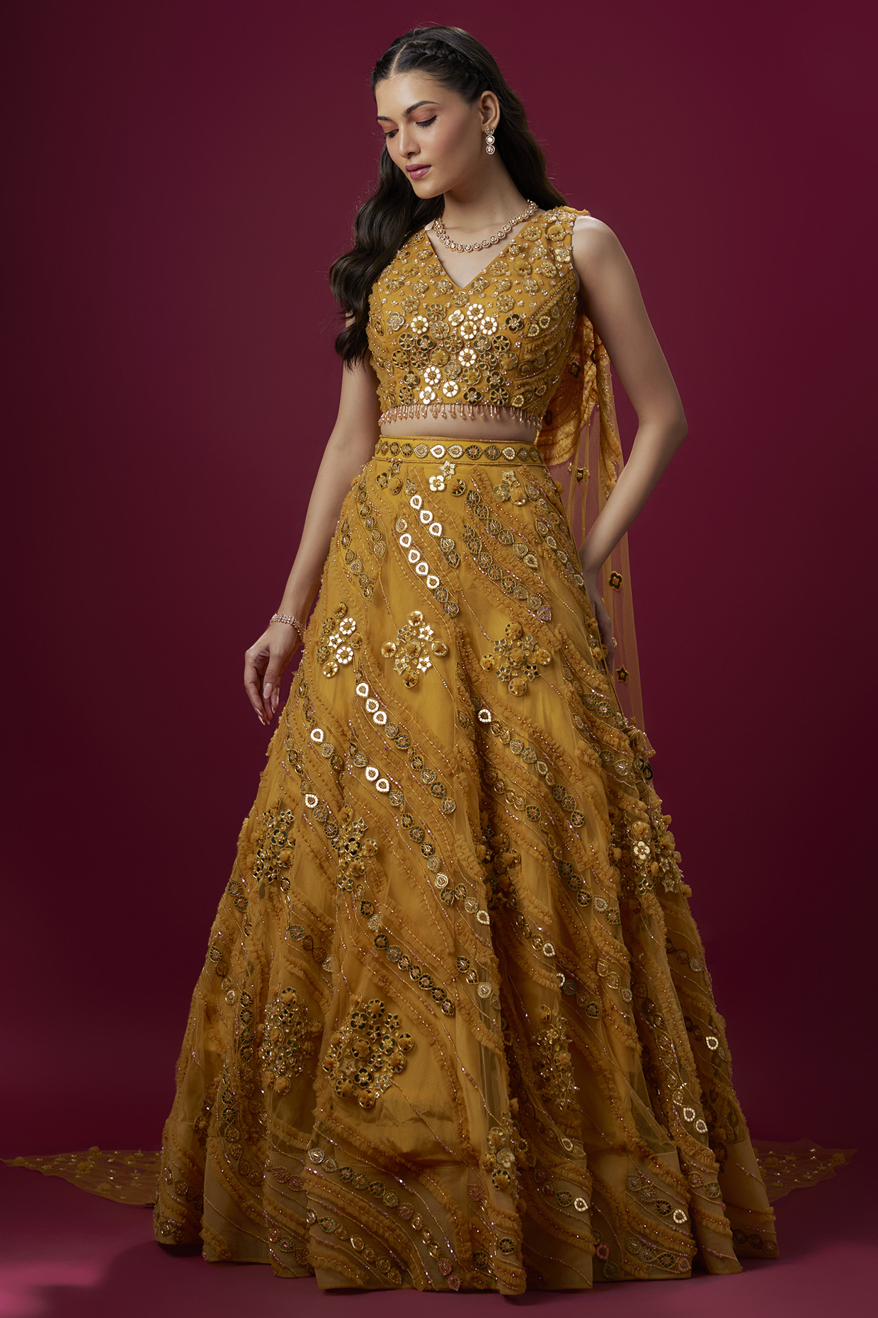 Mustard Yellow Net & Satin Salli Work Bridal Lehenga Set by V. Bridals at Pernia's Pop Up Shop