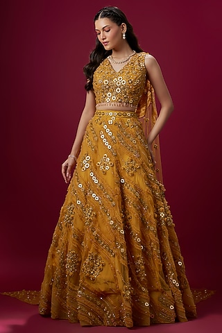 Mustard Yellow Net & Satin Salli Work Lehenga Set by V. Bridals