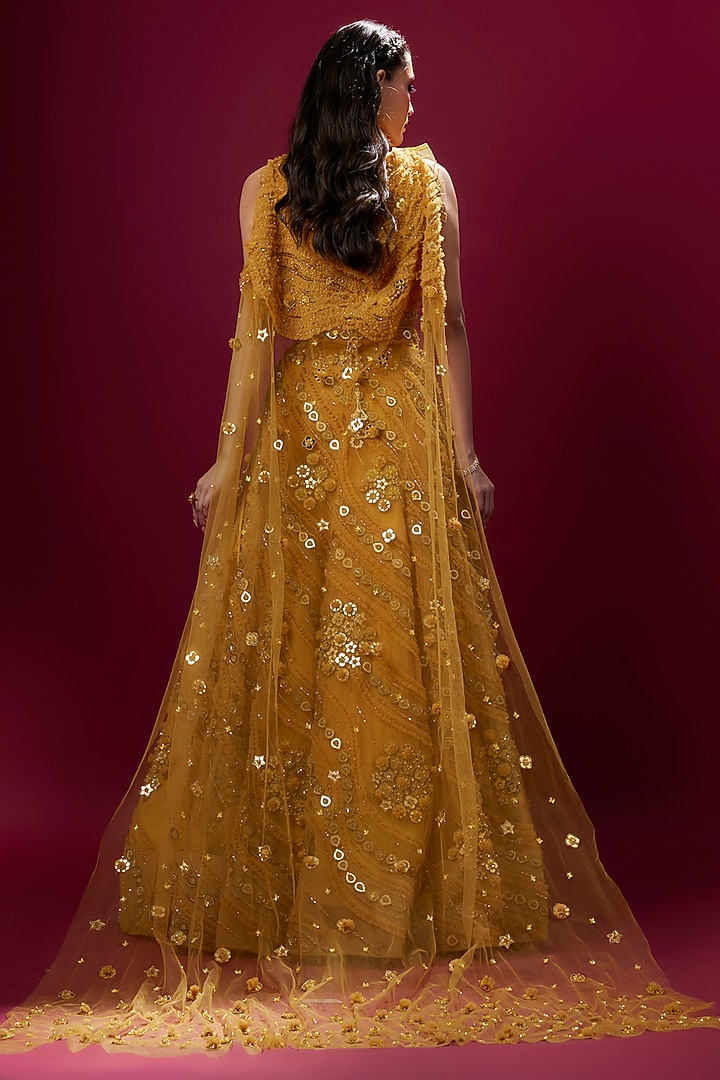 Mustard Yellow Net & Satin Salli Work Bridal Lehenga Set by V. Bridals at Pernia's Pop Up Shop