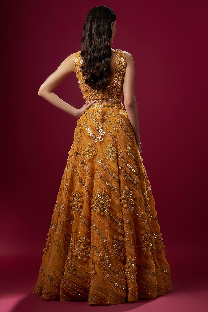 Mustard Yellow Net & Satin Salli Work Bridal Lehenga Set by V. Bridals at Pernia's Pop Up Shop