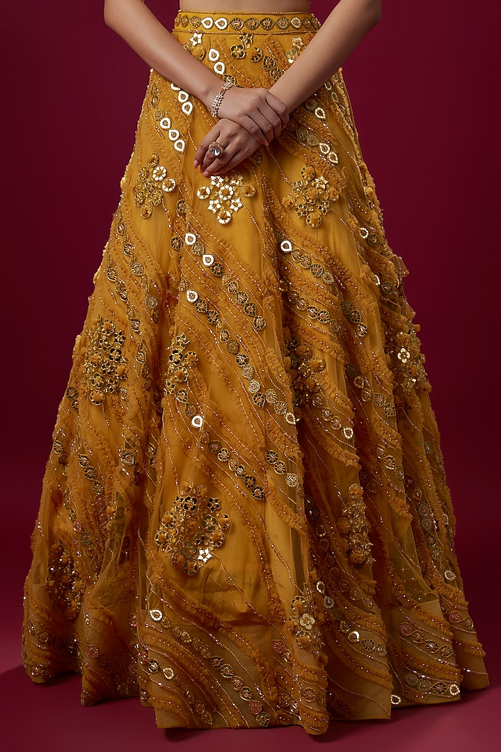 Mustard Yellow Net & Satin Salli Work Bridal Lehenga Set by V. Bridals at Pernia's Pop Up Shop