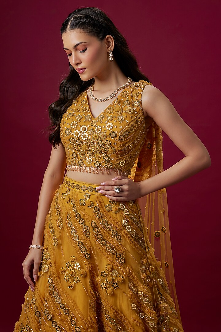 Mustard Yellow Net & Satin Salli Work Bridal Lehenga Set by V. Bridals at Pernia's Pop Up Shop