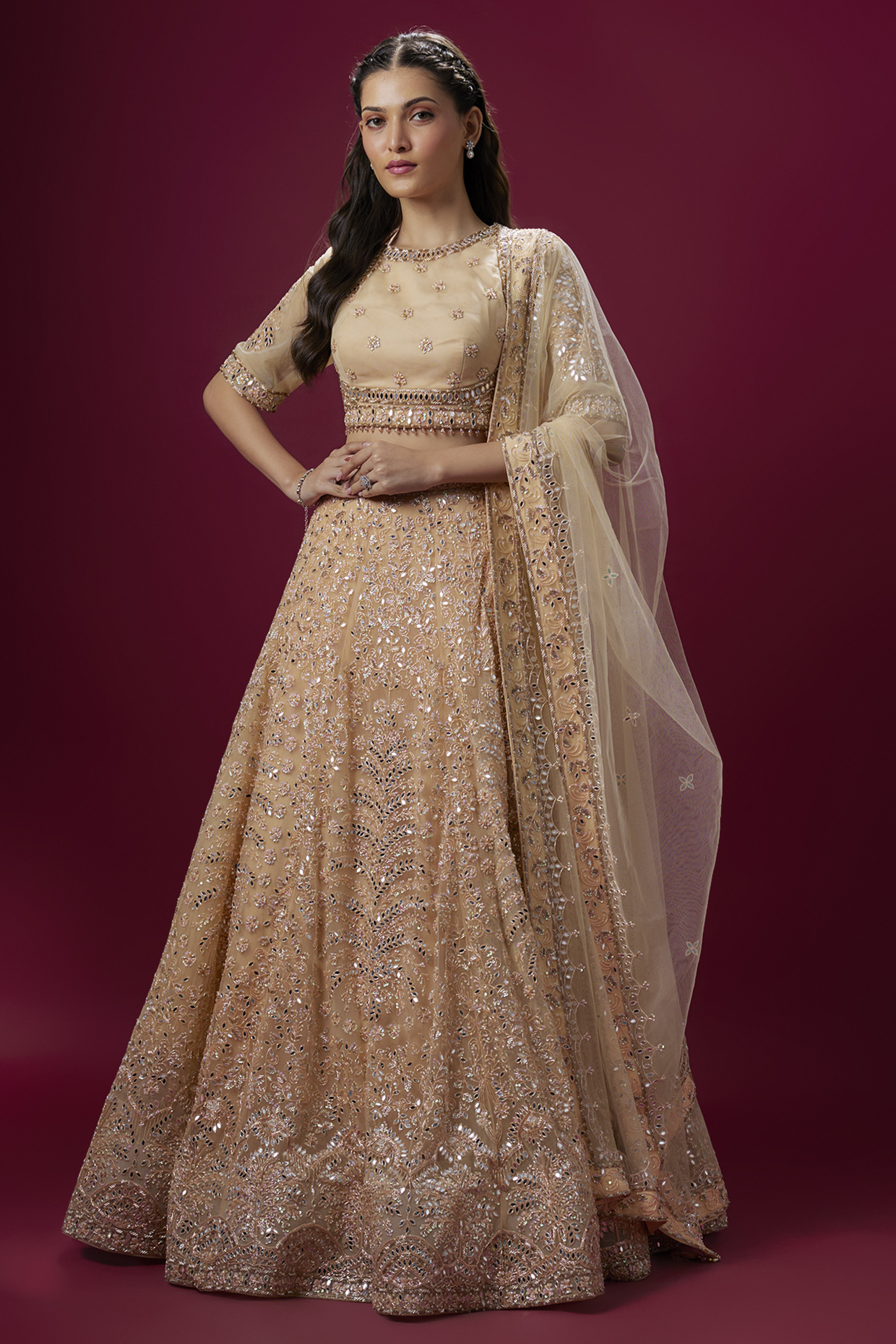 Peach Satin & Net Kasab Handwork Bridal Lehenga Set by V. Bridals at Pernia's Pop Up Shop