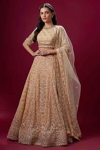 Peach Satin & Net Kasab Handwork Lehenga Set by V. Bridals
