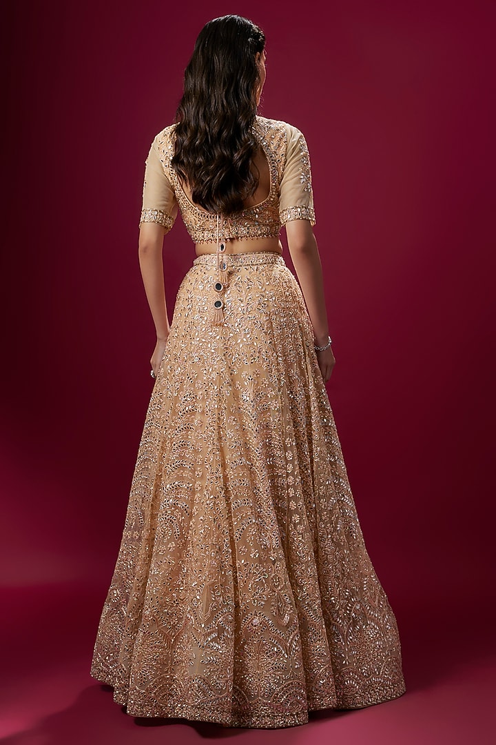 Peach Satin & Net Kasab Handwork Bridal Lehenga Set by V. Bridals at Pernia's Pop Up Shop