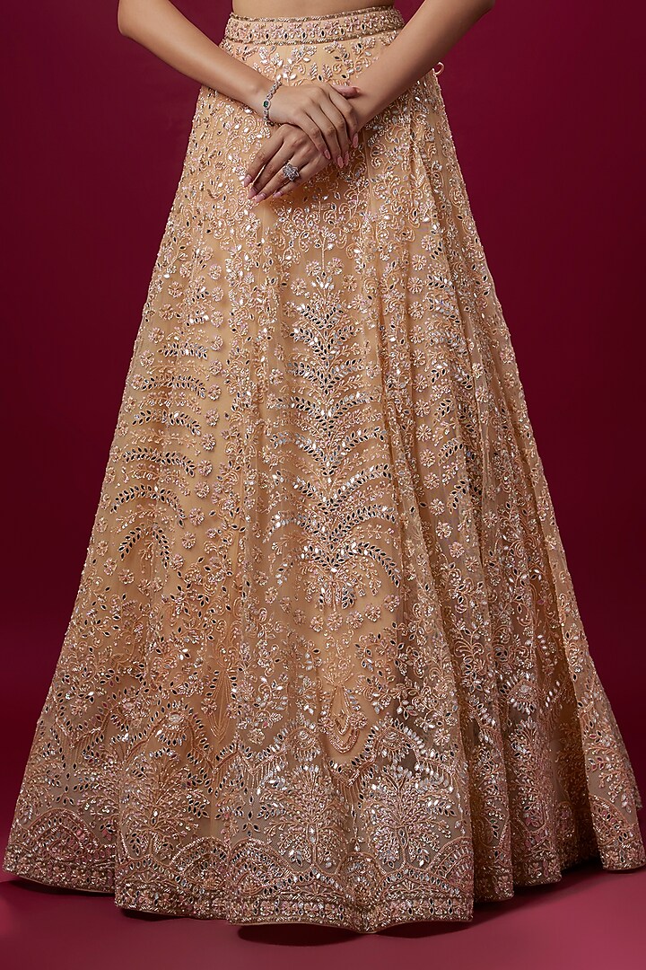 Peach Satin & Net Kasab Handwork Bridal Lehenga Set by V. Bridals at Pernia's Pop Up Shop