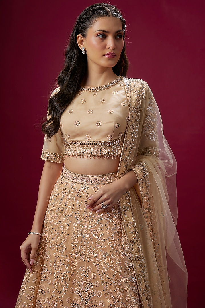 Peach Satin & Net Kasab Handwork Bridal Lehenga Set by V. Bridals at Pernia's Pop Up Shop