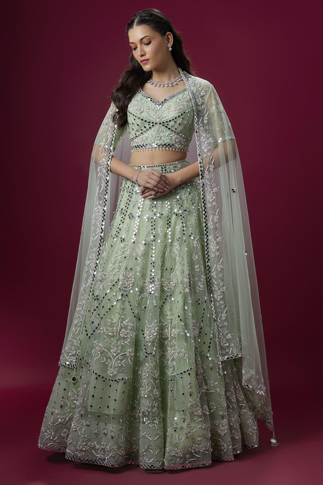 Mint Green Satin & Net Sequins Embroidered Bridal Lehenga Set by V. Bridals at Pernia's Pop Up Shop