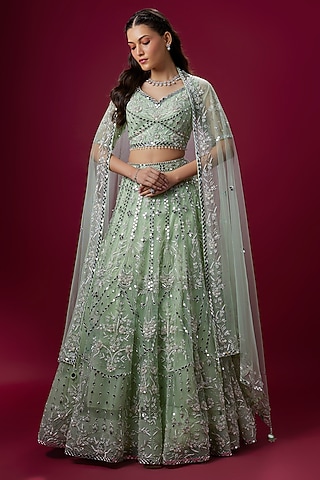 Mint Green Satin & Net Sequins Embroidered Lehenga Set by V. Bridals