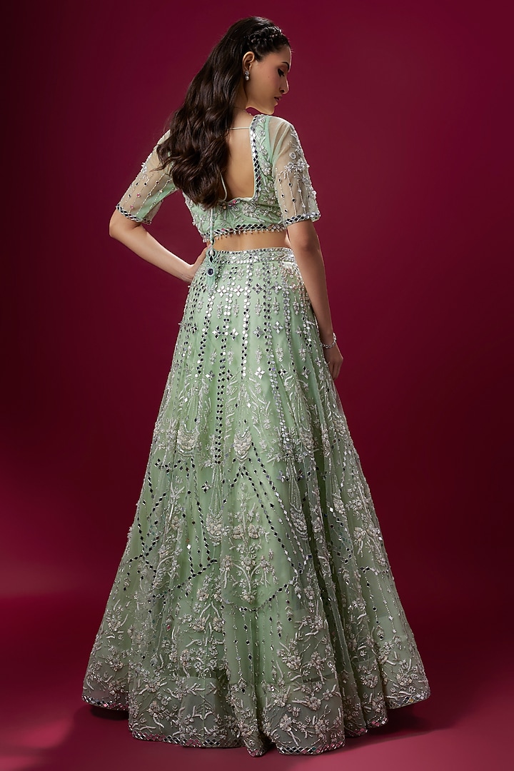 Mint Green Satin & Net Sequins Embroidered Bridal Lehenga Set by V. Bridals at Pernia's Pop Up Shop