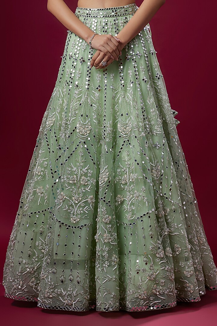 Mint Green Satin & Net Sequins Embroidered Bridal Lehenga Set by V. Bridals at Pernia's Pop Up Shop