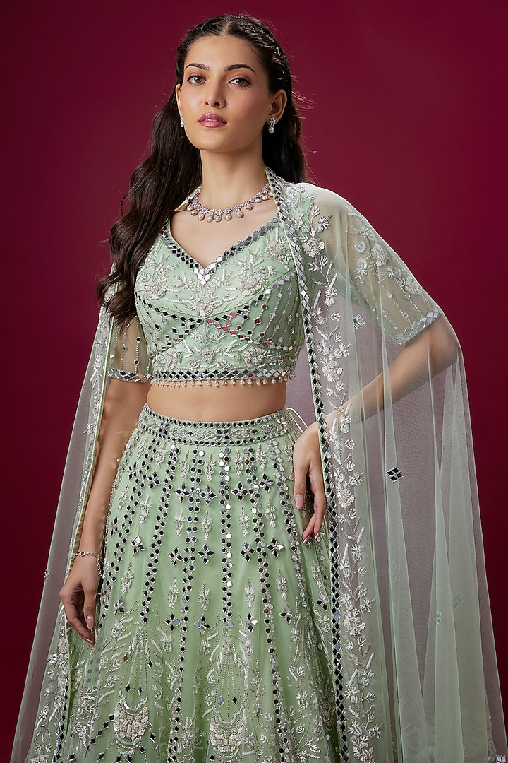 Mint Green Satin & Net Sequins Embroidered Bridal Lehenga Set by V. Bridals at Pernia's Pop Up Shop