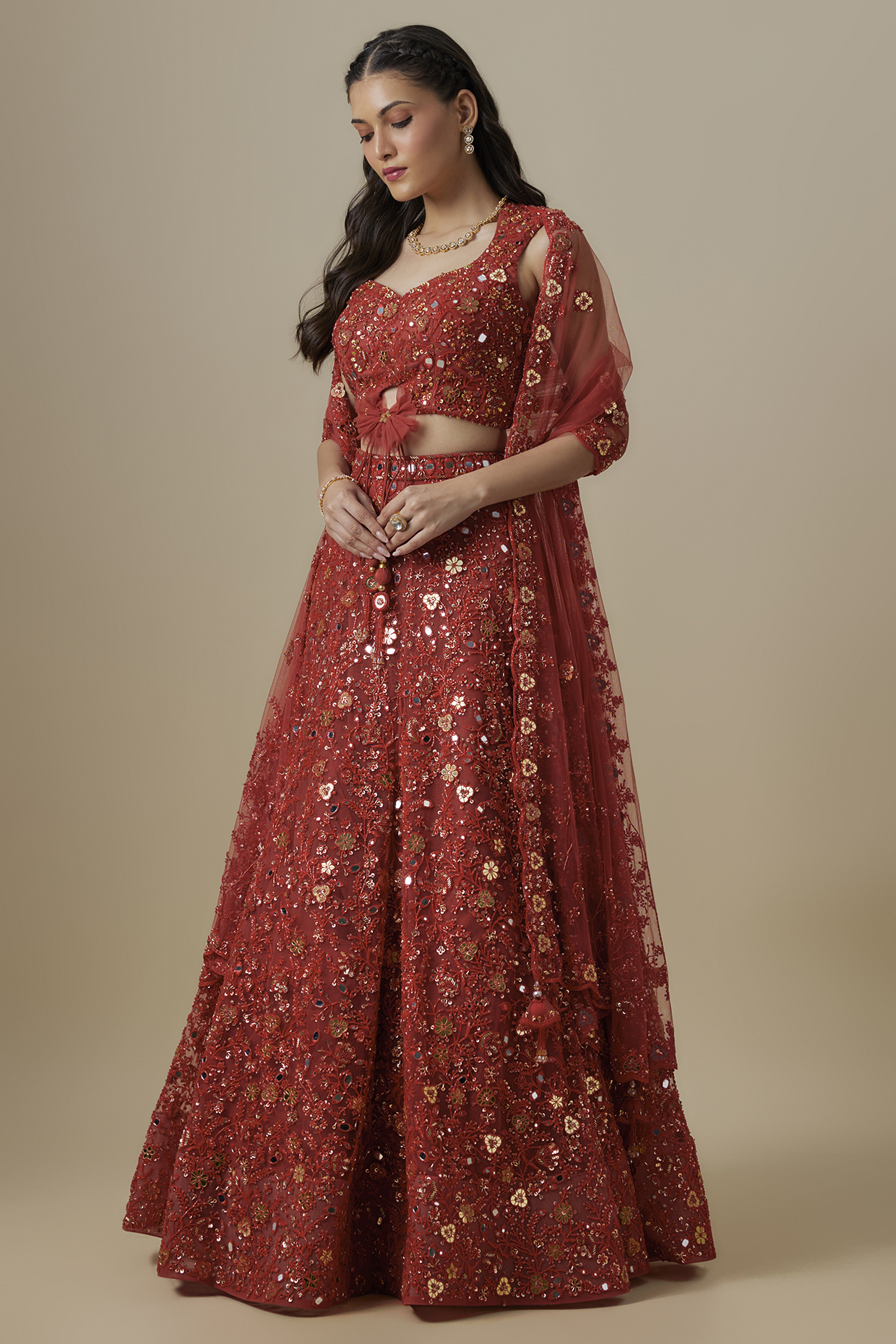 Orange Satin & Net Mirror Work Bridal Lehenga Set by V. Bridals at Pernia's Pop Up Shop