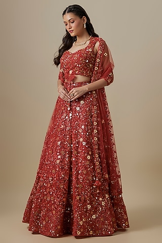 Orange Satin & Net Mirror Work Lehenga Set by V. Bridals