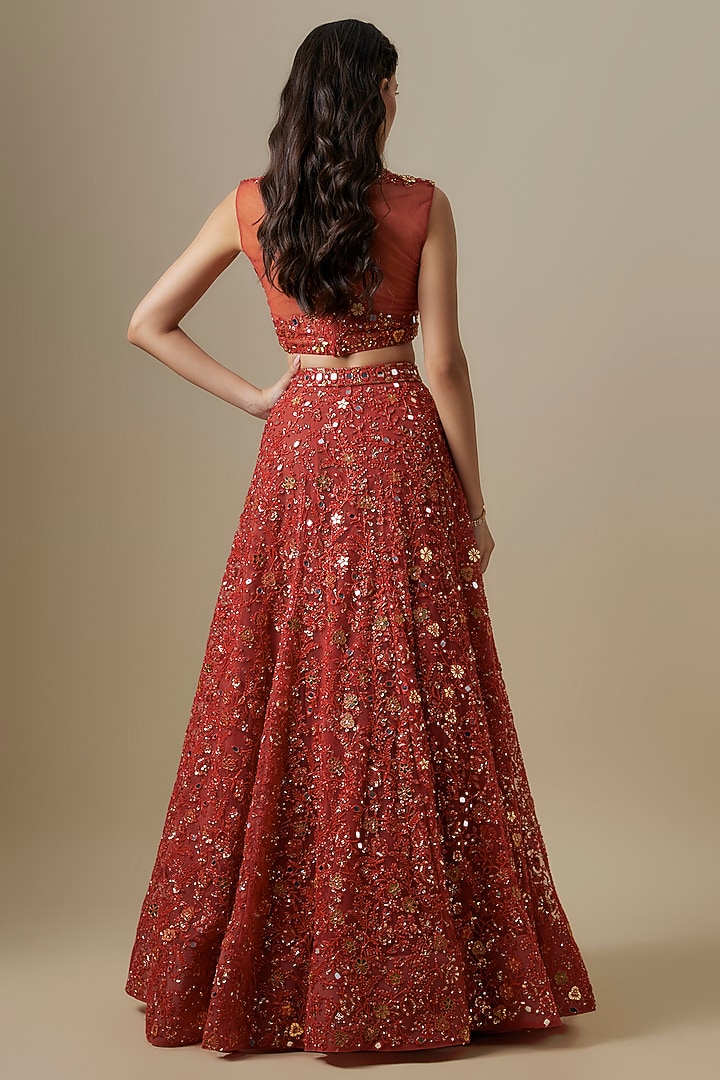 Orange Satin & Net Mirror Work Bridal Lehenga Set by V. Bridals at Pernia's Pop Up Shop