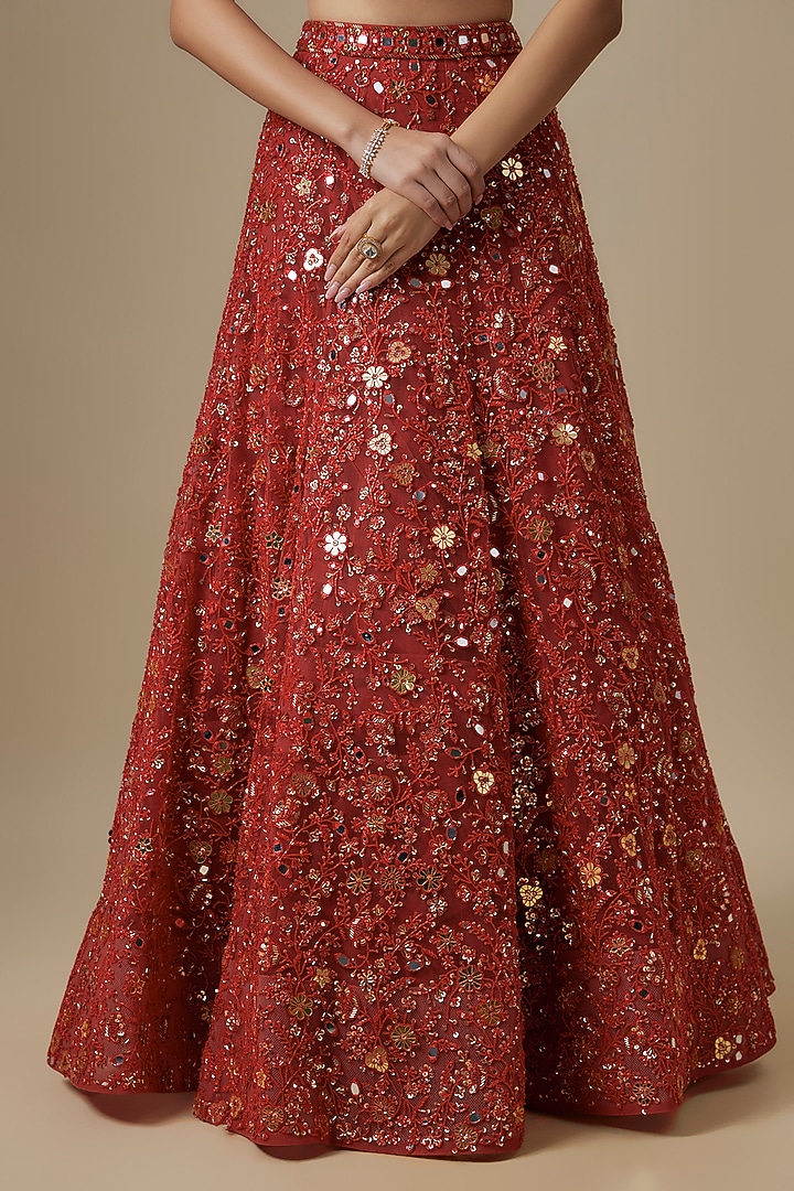 Orange Satin & Net Mirror Work Bridal Lehenga Set by V. Bridals at Pernia's Pop Up Shop