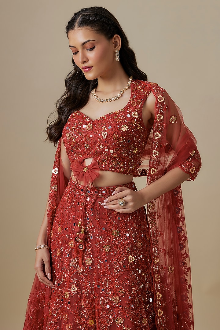 Orange Satin & Net Mirror Work Bridal Lehenga Set by V. Bridals at Pernia's Pop Up Shop