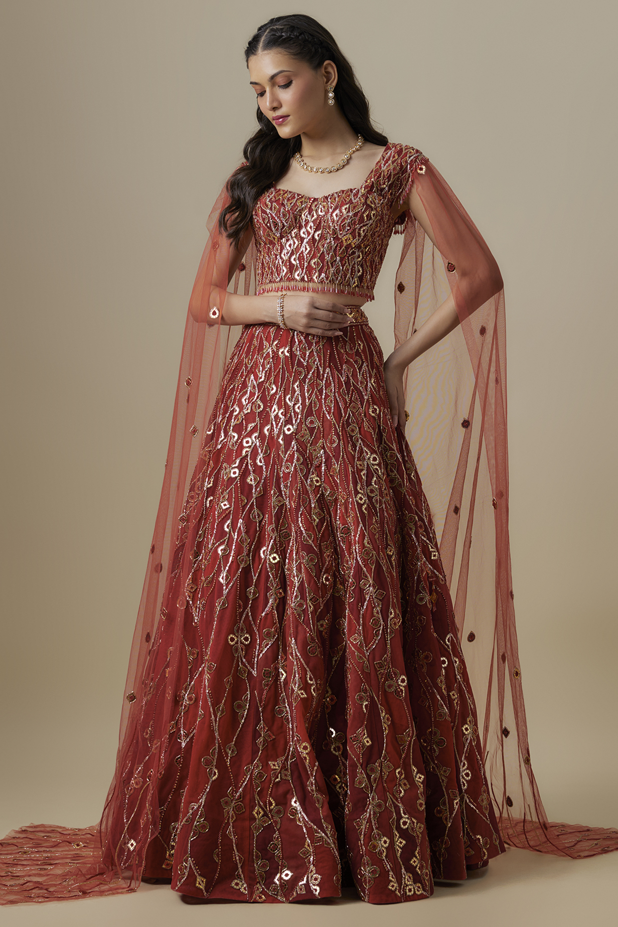 Red Satin & Net Salli Hand Work Bridal Lehenga Set by V. Bridals at Pernia's Pop Up Shop