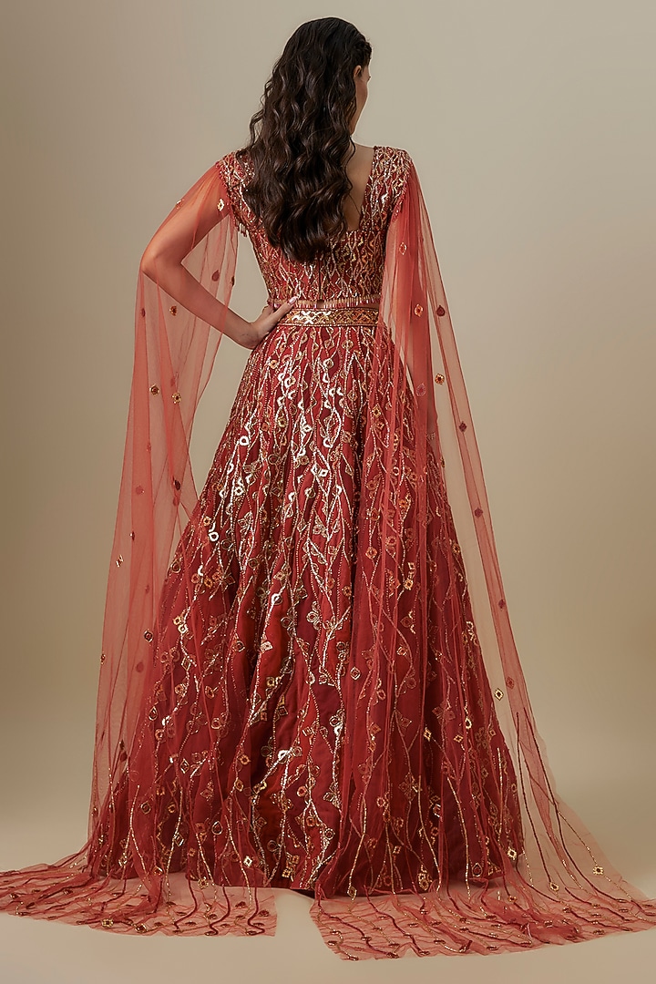 Red Satin & Net Salli Hand Work Bridal Lehenga Set by V. Bridals at Pernia's Pop Up Shop